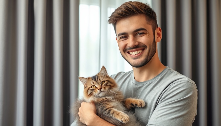 Young man smiling with cat indoors, Pico Rivera context.