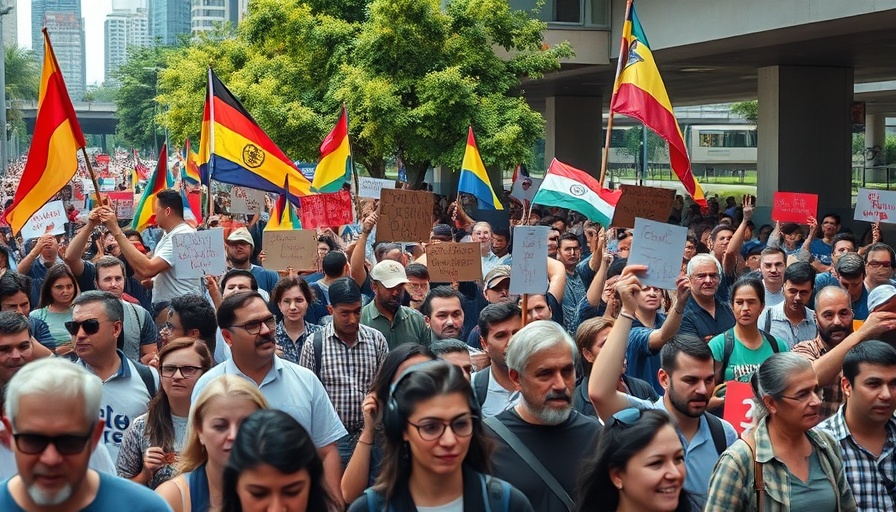 Diverse protesters marching in California highlighting immigration policies.