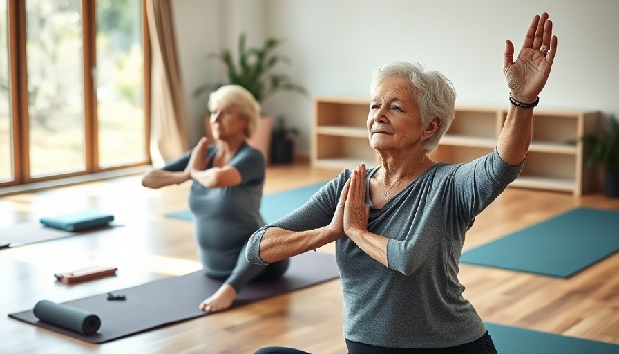 Elderly woman practicing Avita Yoga Method for joint health with instructor.