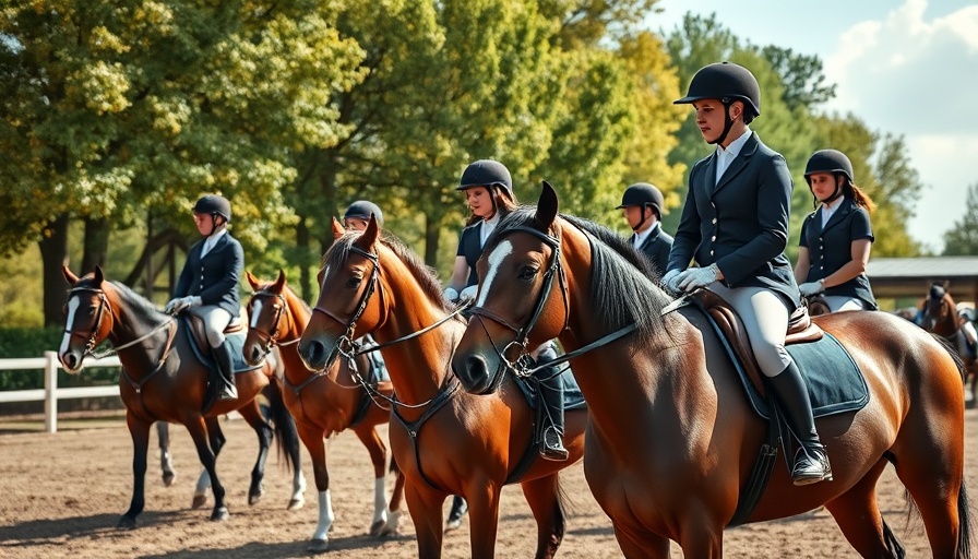 Equestrian riders at outdoor arena amidst trees, bright day.