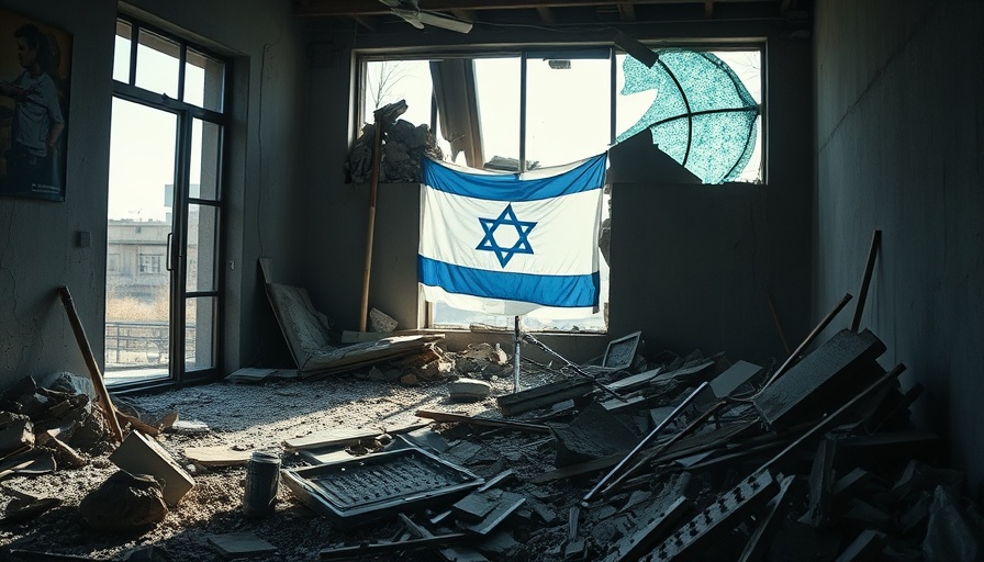 Room interior with shattered glass and debris; Israeli flag visible.