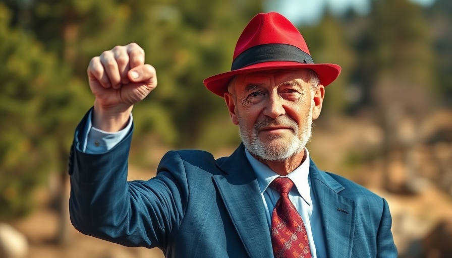 Older man outdoors in blue suit and red hat, raising fist.