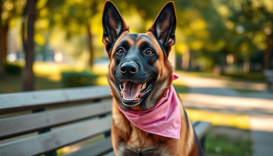 Belgian Malinois in bandana sits happily on park bench.