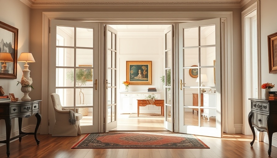 French doors brighten a stylish home office interior.
