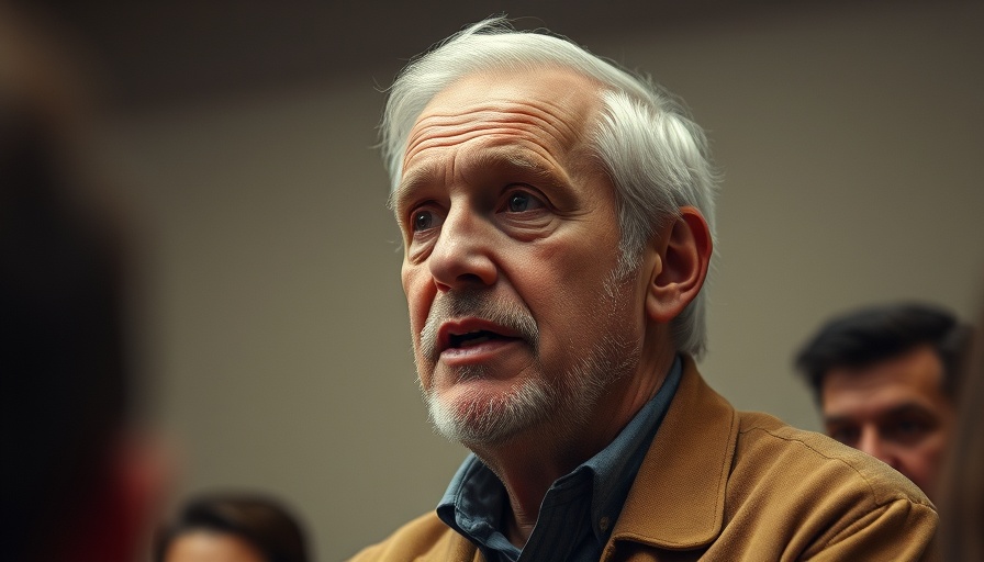 Older man speaking with serious expression, dramatic lighting.