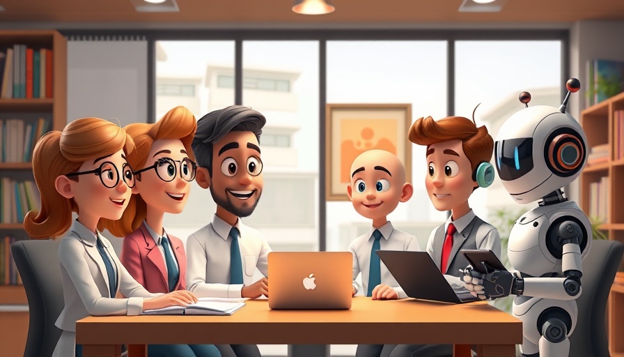Animated team with robots in office for empathy in AI rollout.