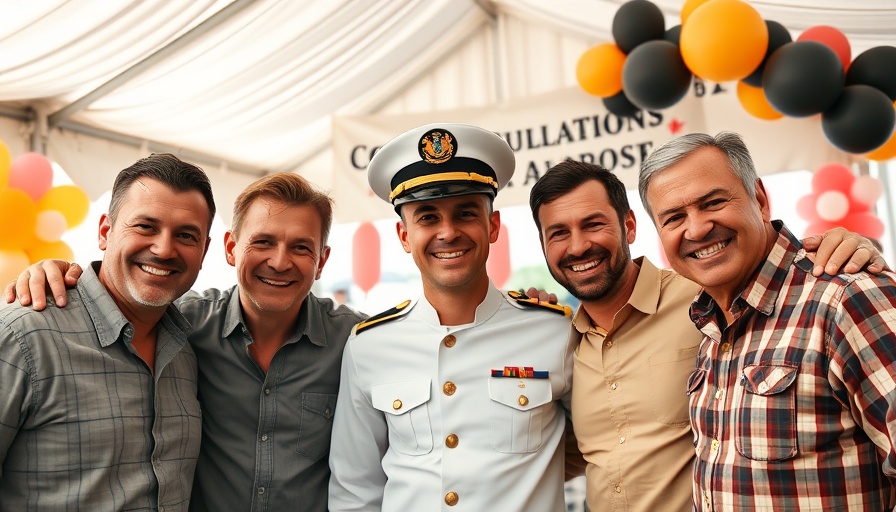 Group of men, including a marine, celebrating under a tent.