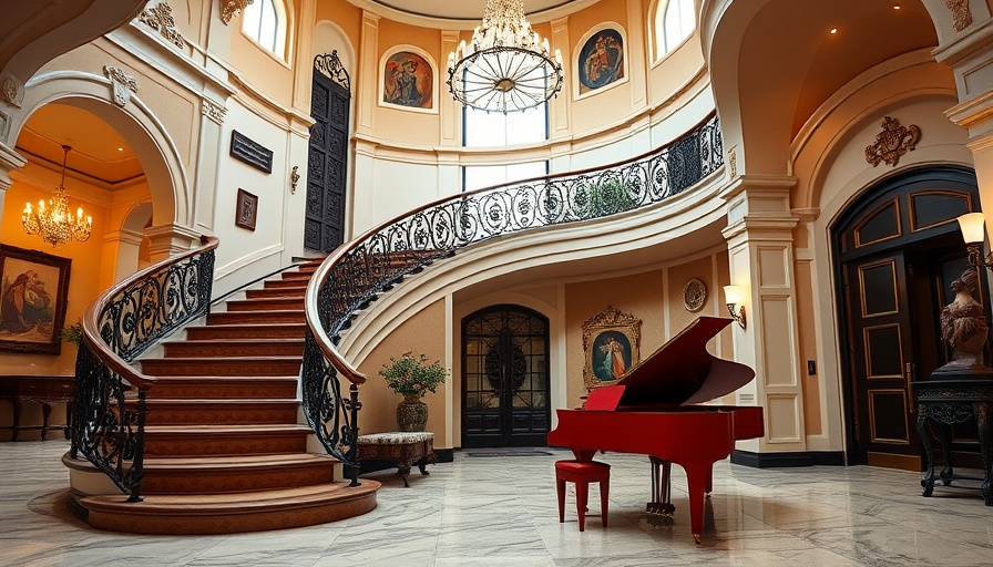 Curved Mediterranean staircase design with a red grand piano.
