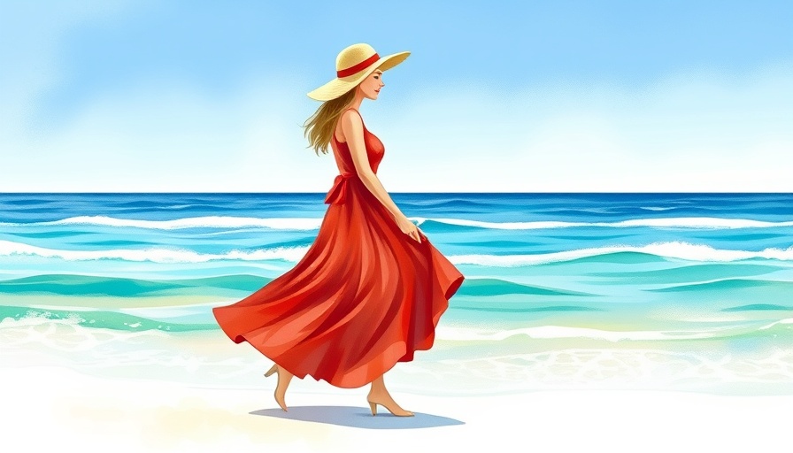 Sober summer scene with woman in red dress on a beach.