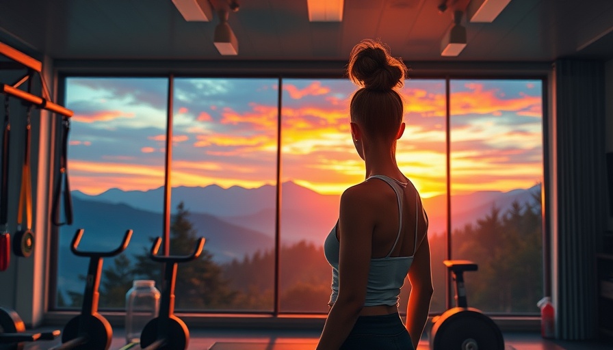 Woman in home gym looking out at sunrise, representing health and wellness.