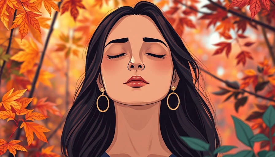 Serene woman meditating with vibrant autumn foliage, health and wellness.