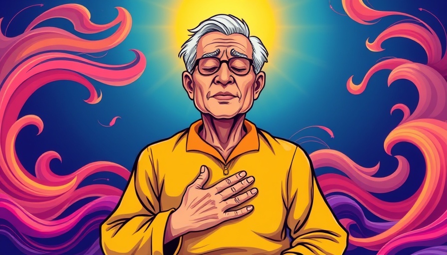 Older man meditating with colorful waves, health and wellness through mindfulness.