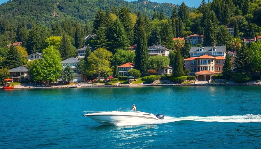 Luxury lakeside homes with lush greenery and a speedboat, reflecting business trends 2025