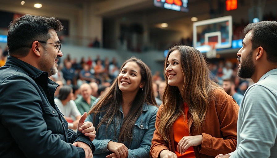 Sports fans engaged in conversation at a basketball game.