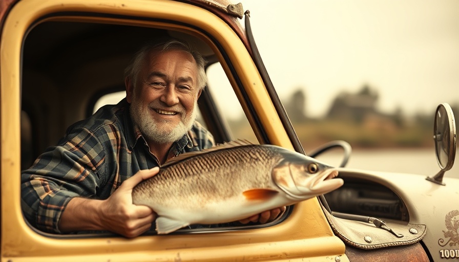 Legendary Striperman proudly displays a large fish beside a vintage truck.