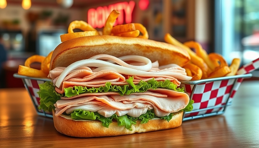 Tasty sandwich and fries at Dervo's Deli in Fresno on a checkered paper.