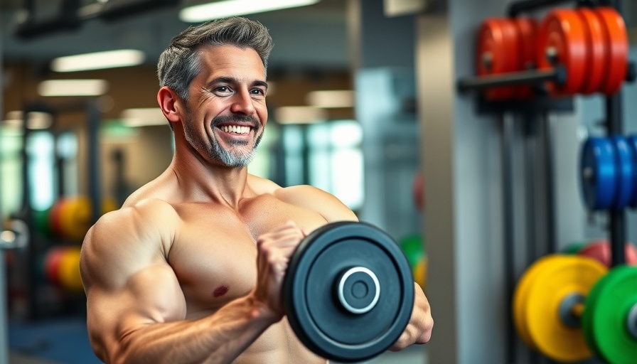Middle-aged man in a gym using MacroStax for nutrition and fitness tracking.