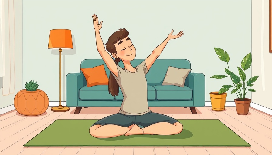 Yoga benefits illustrated with a person in camel pose in a living room.