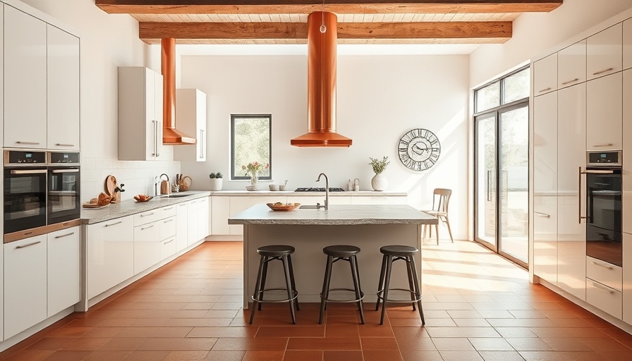 Modern rustic kitchen with terracotta tiles and white cabinets.