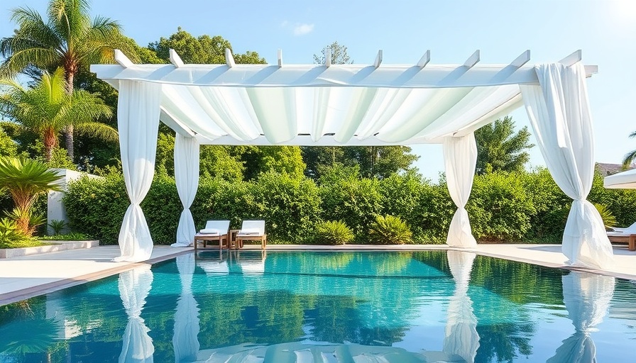 Elegant DIY pool cabana pergola beside a pool.