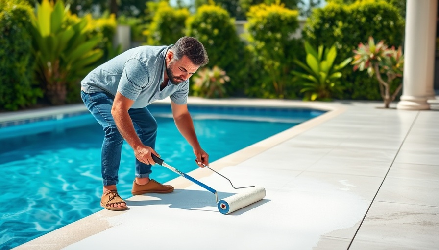 Man painting concrete pool deck in outdoor setting