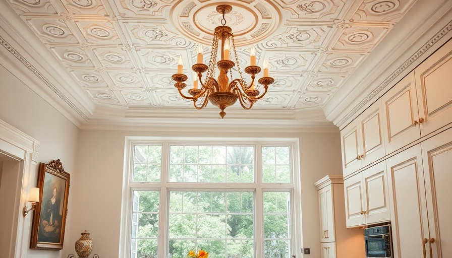 Elegant kitchen decor with framed art and white ceiling tiles.