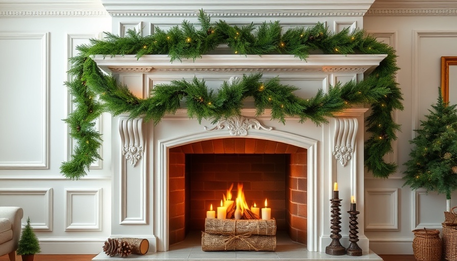 Traditional DIY fireplace molding makeover with green garland decor.