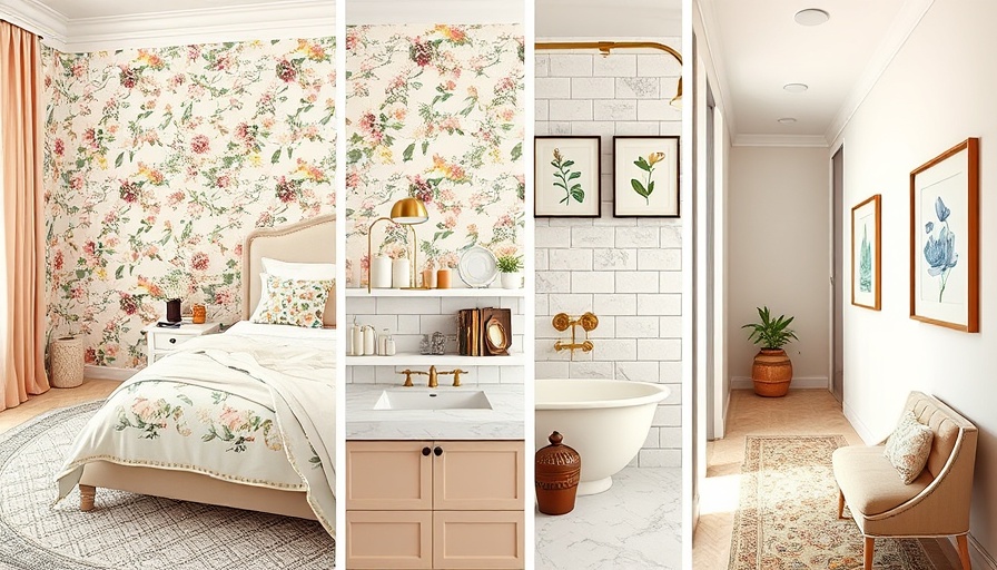 Elegant cheap decor ideas showcasing a bedroom, bathroom, kitchen, and hallway.