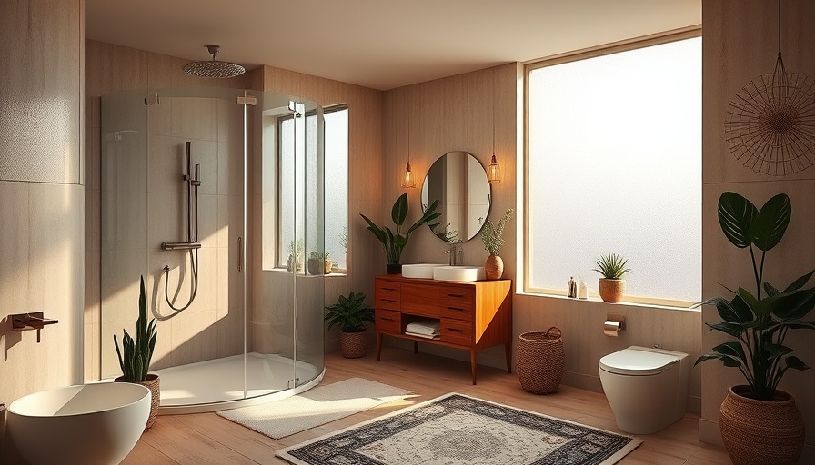Modern bathroom interior with glass shower, wooden vanity, and plants.