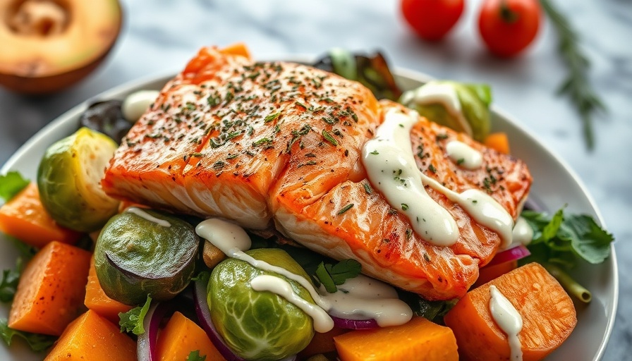 Mediterranean diet salad with salmon and vegetables, promoting lower depression risk in women.