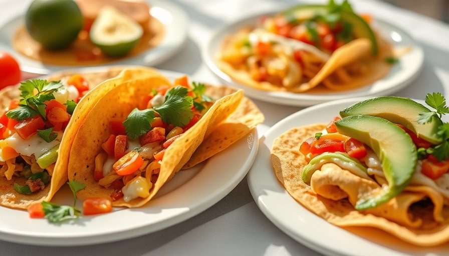 Ultimate Breakfast Tacos on white plates with avocado and lime.