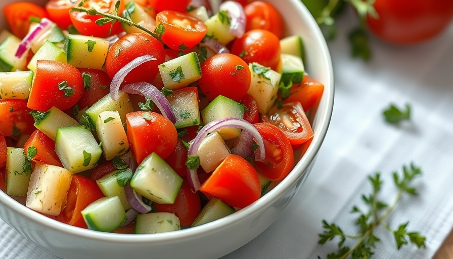 Colorful Crunchy Cucumber Tomato Salad in a bowl with fresh herbs.