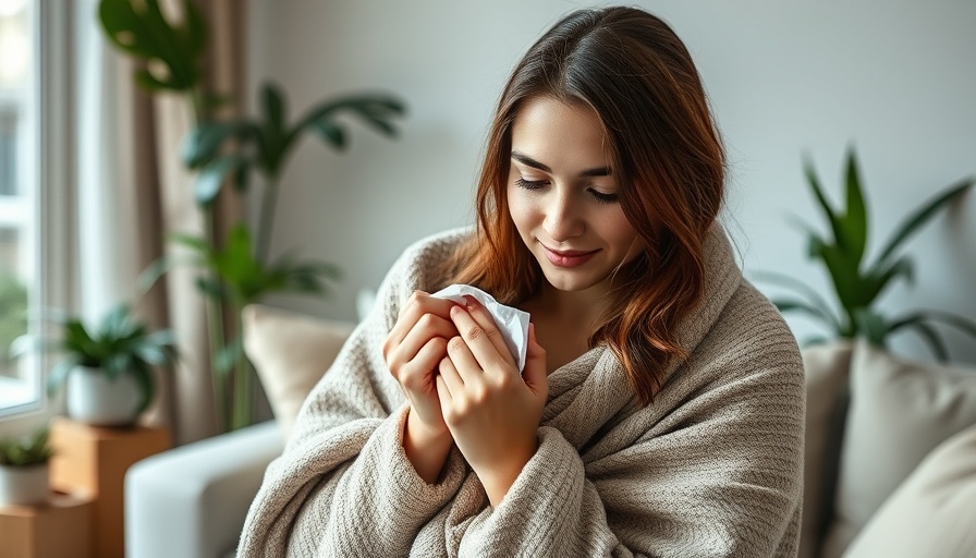 Woman on couch using tissue in a bright living room.