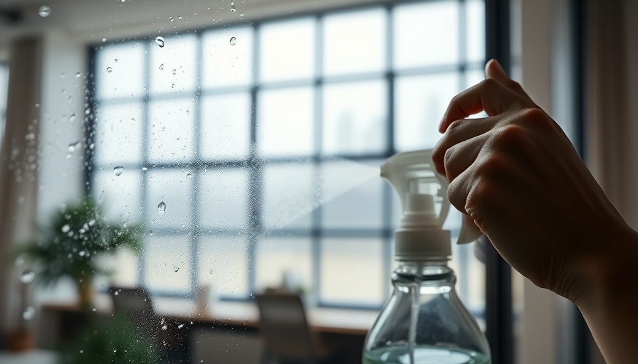 Blurred person cleaning glass with spray bottle, bright window background