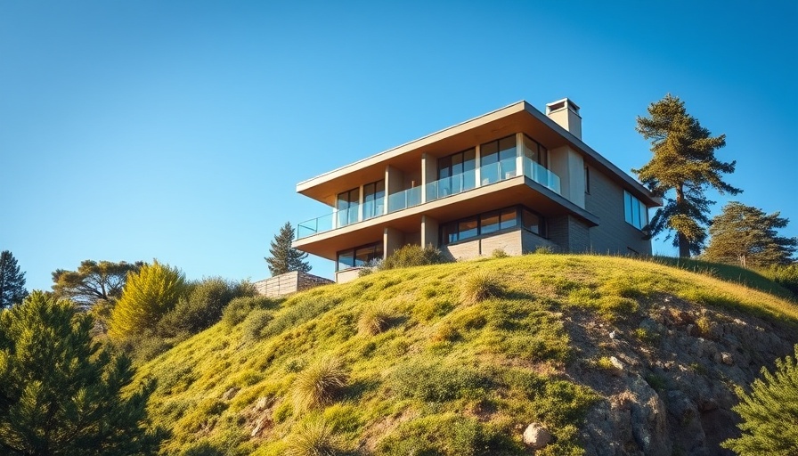 Modern Oakland home sale, hillside view with greenery.