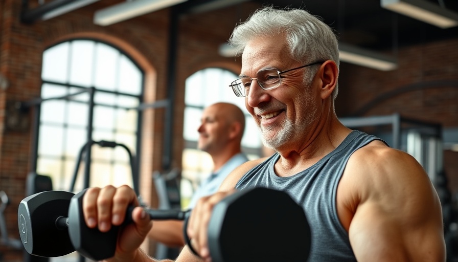 Older man strength training with guidance for longevity.