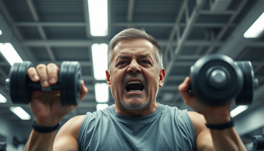 Middle-aged man lifting weights in gym, what helps sore muscles after workout.