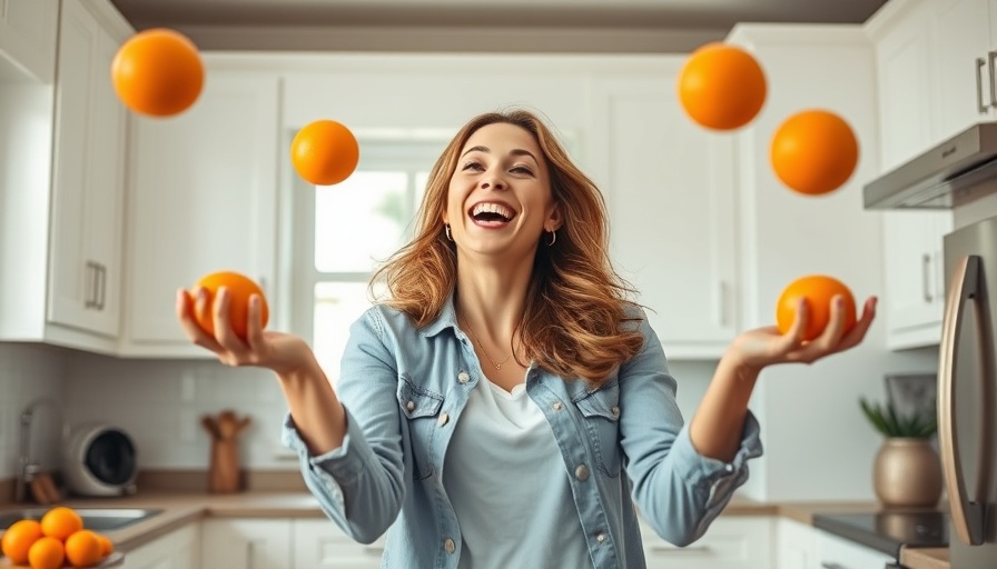 Woman in kitchen juggling oranges reflecting all-or-nothing dieting.