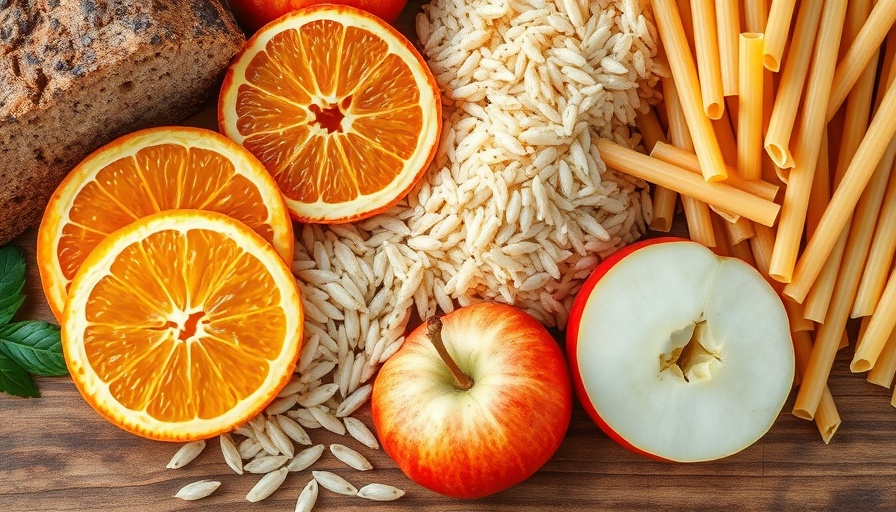 Healthy foods displayed for glycemic index and load understanding, including bread, fruits, and grains.
