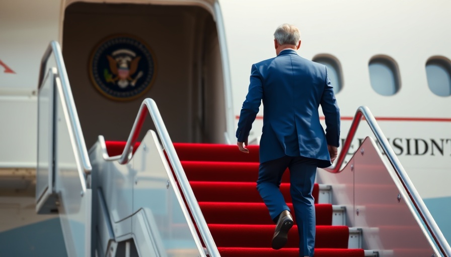 Man in blue suit ascends airplane stairs with presidential seal in view.