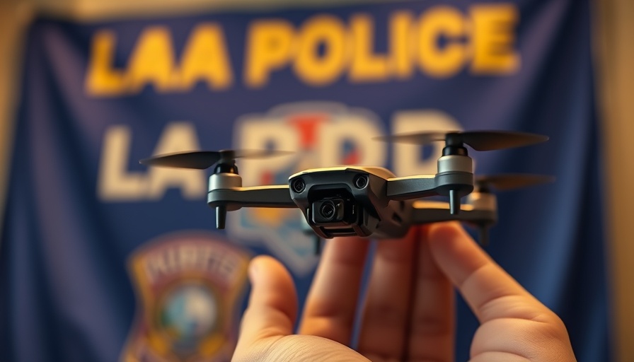 Close-up of LAPD drone first responders in hand, blurred banner.