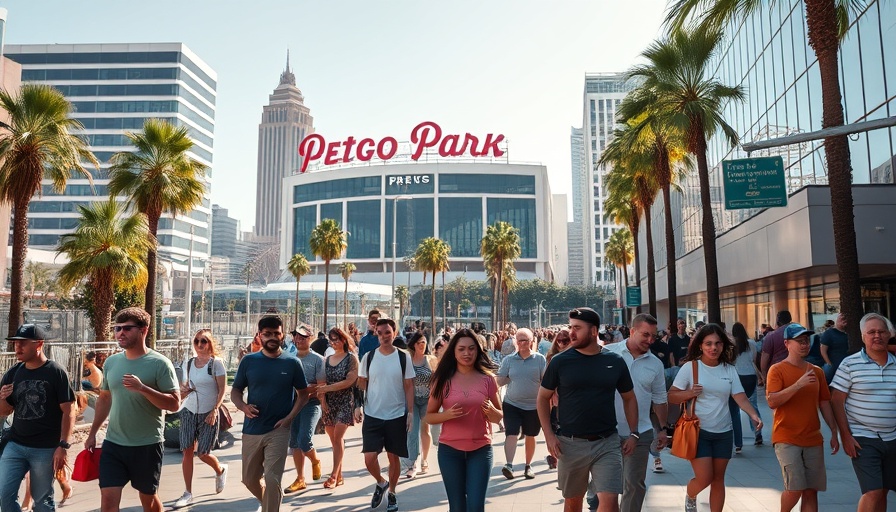 Vibrant scene outside San Diego's Petco Park reflecting urban life