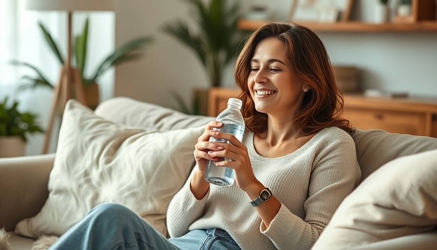 Woman practicing daily habits for hormonal health, relaxed on sofa holding water bottle.