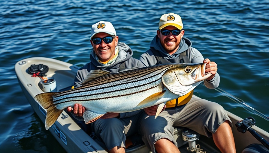 Summer fishing in San Diego County featuring anglers with a striped bass.