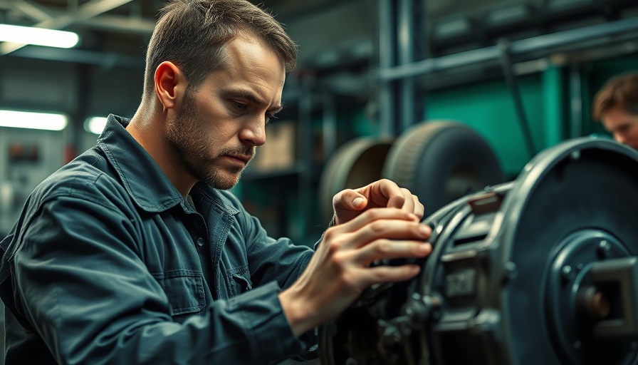 Mechanic adjusting truck parts in a garage setting.