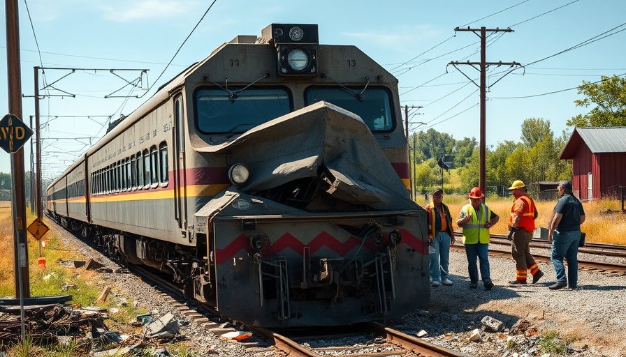Train collision in Moorpark scene with damaged train and responders.