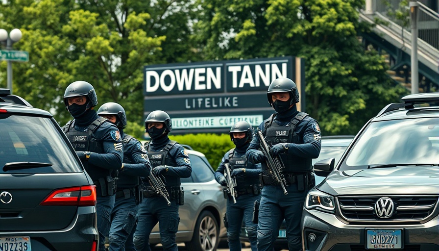 Police officers coordinating during immigration raids near a downtown sign.