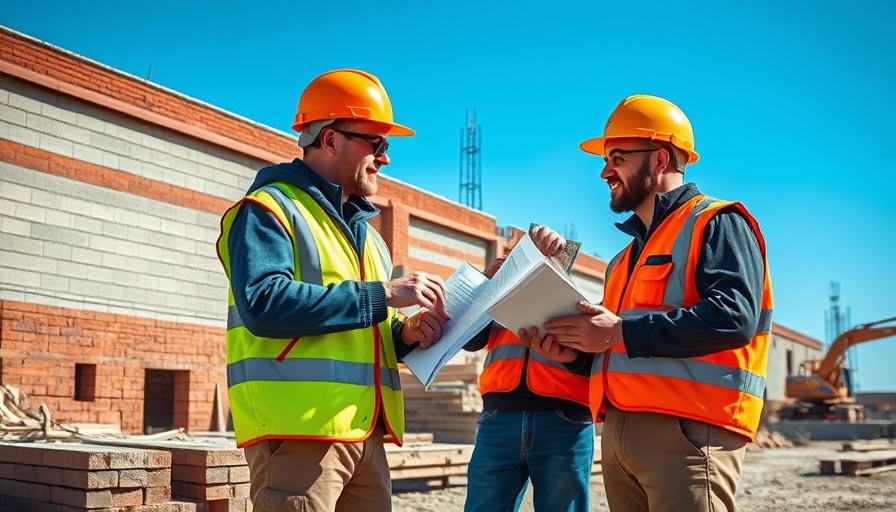 Construction workers discuss project on sunny California site.