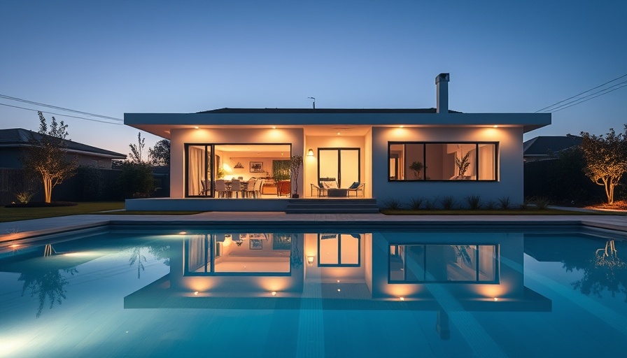 Modern one-story house with pool at night, sleek design.