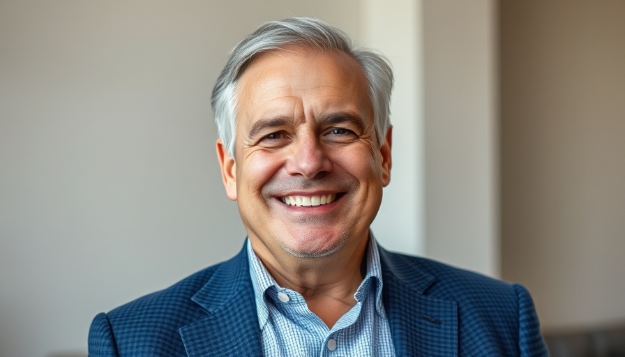 Middle-aged man smiling warmly in a blue checkered suit jacket indoors.